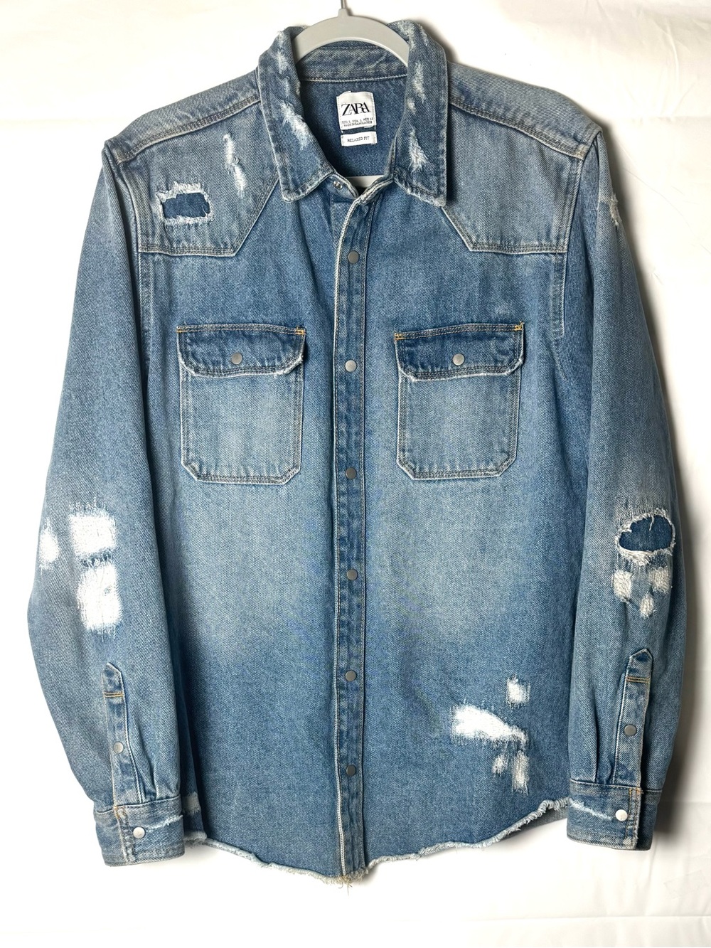 Zara Men’s Light Blue Cotton Distressed Denim Shirt Jacket. Sz L. NWOT